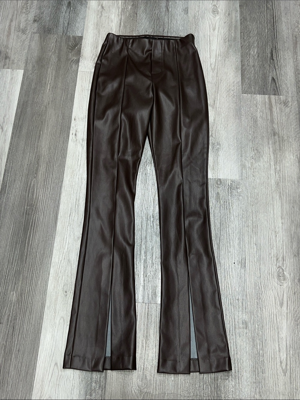 Fifteen Twenty Brown Faux Leather Split Hem Pull-on Pants, size XS